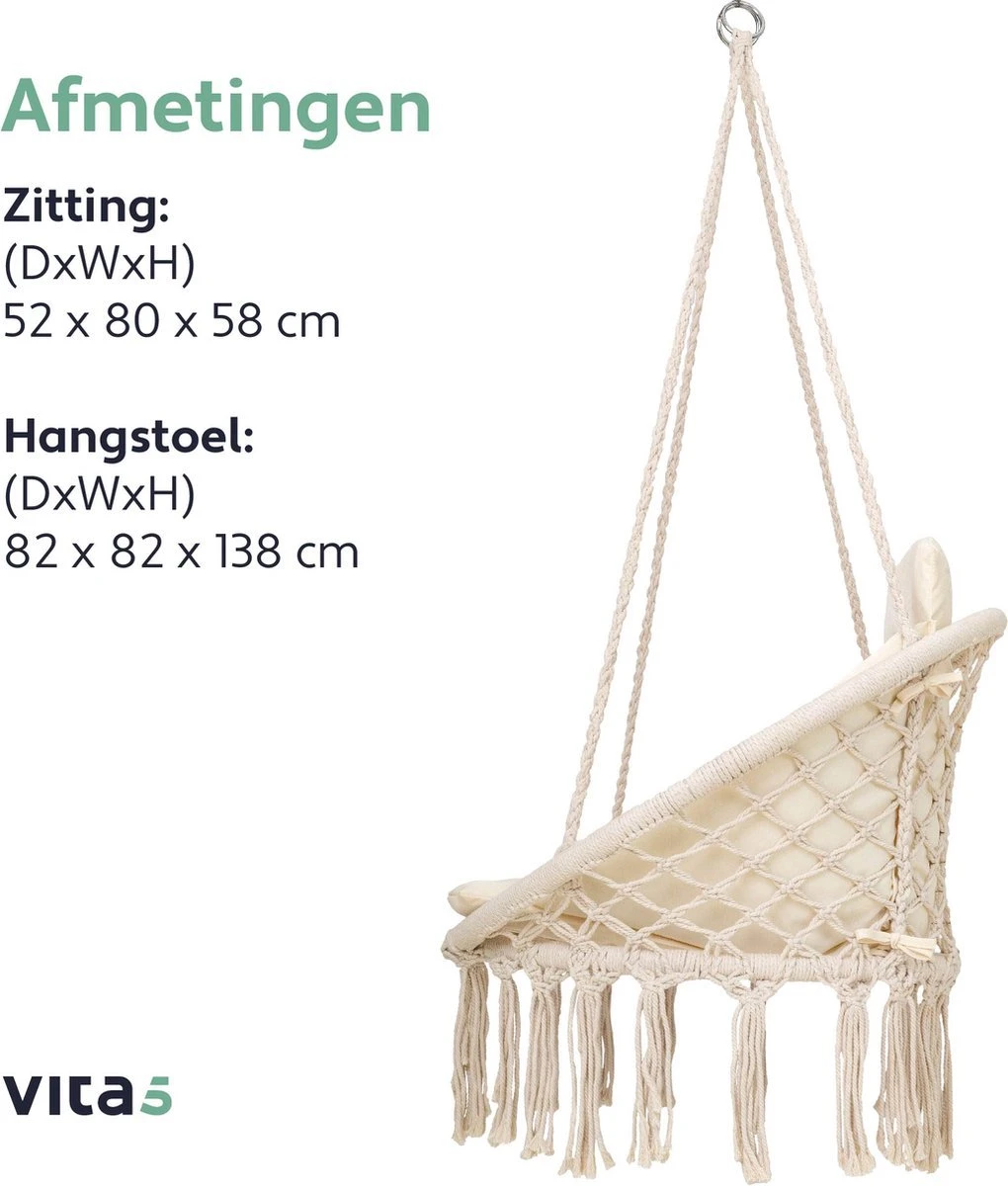 Vita5 Macramé Hangstoel - Voor Binnen En Buiten - Zonder Standaard - Incl. Kussen, Boekenvak En Beschermhoes - Tot 150kg - Beige 11 Vita5 Macramé Hangstoel - Voor Binnen En Buiten - Zonder Standaard - Incl. Kussen, Boekenvak En Beschermhoes - Tot 150kg - Beige - Afbeelding 9