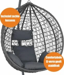 Bircim Hangstoel Ei/Egg-Vorm Met Dikke Kussens - Voor Binnen En Buiten - Incl. Standaard, Onderstel & Kussens - Antraciet -Tuinmeubelen Winkel 1027x1200