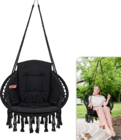Vita5 Macramé Hangstoel - Voor Binnen En Buiten - Zonder Standaard - Incl. Kussen, Boekenvak En Beschermhoes - Tot 150kg - Zwart