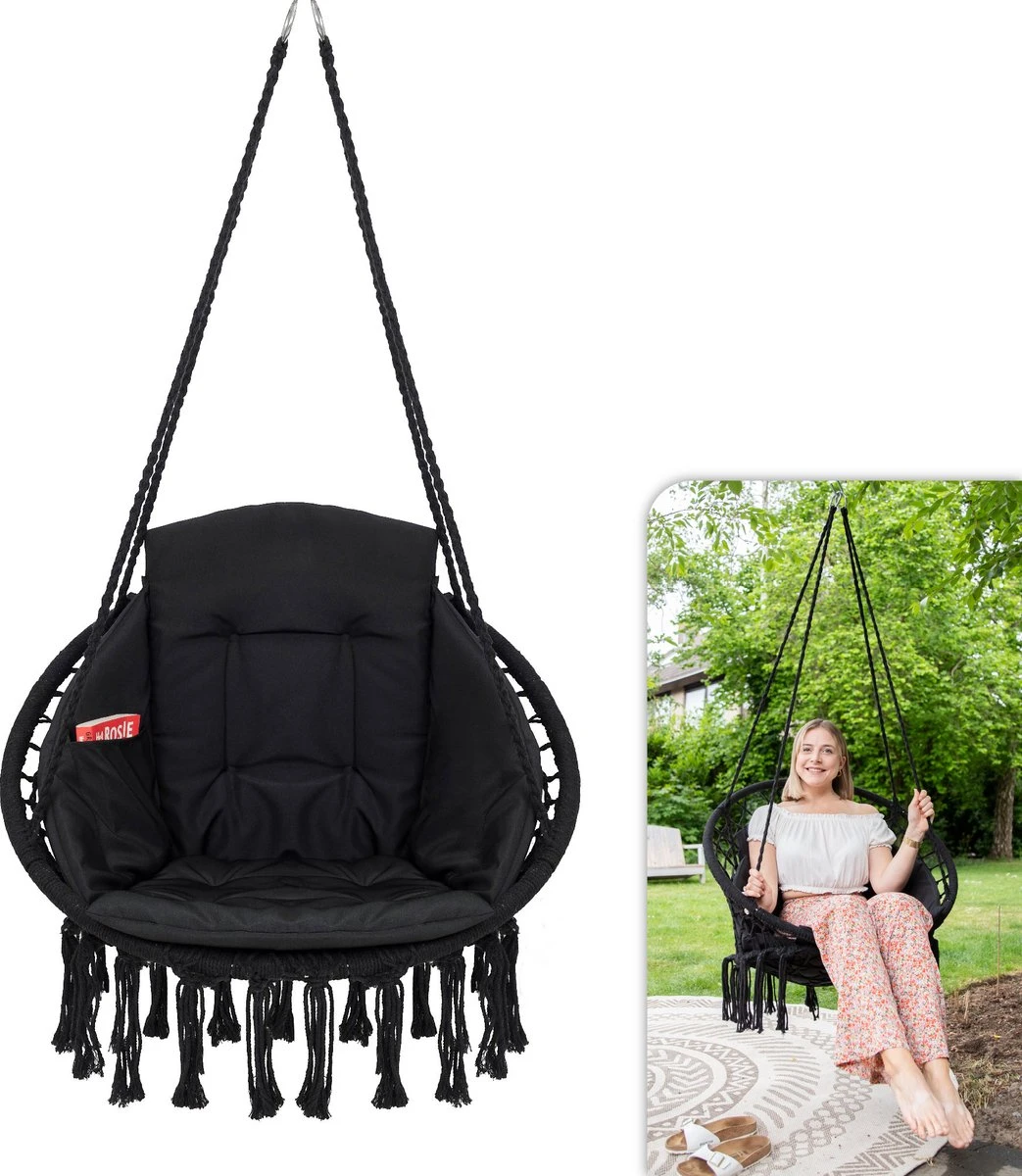 Vita5 Macramé Hangstoel - Voor Binnen En Buiten - Zonder Standaard - Incl. Kussen, Boekenvak En Beschermhoes - Tot 150kg - Zwart 3 Vita5 Macramé Hangstoel - Voor Binnen En Buiten - Zonder Standaard - Incl. Kussen, Boekenvak En Beschermhoes - Tot 150kg - Zwart