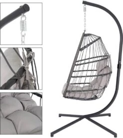 Pro Garden Lowander Hangstoel Egg 191x126x126- Schommelstoel Met Rattan Cocoon En Robuust Stalen Standaard Incl. Kussens - Volledig Inklapbaar - Lichtgrijs -Tuinmeubelen Winkel 1069x1200