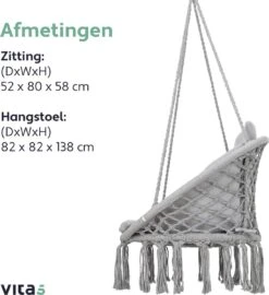 Vita5 Macramé Hangstoel - Voor Binnen En Buiten - Zonder Standaard - Incl. Kussen, Boekenvak En Beschermhoes - Tot 150kg - Grijs -Tuinmeubelen Winkel 1099x1200