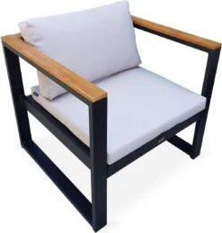 Loungeset 5 Plaatsen Van Aluminium En Eucalyptus – NAZCA – Antraciet Structuur, Lichtgrijs Kussens -Tuinmeubelen Winkel 1145x1200 3