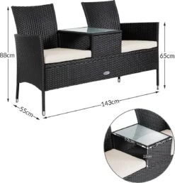 Casaria Polyrattan Tuinbank - Incl. Kussen - 143x55x88 Cm Zwart -Tuinmeubelen Winkel 1150x1200 1