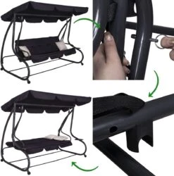 Springos Schommelbank | Linda-Schommel | 3-zits | Waterafstotend | Inclusief 2 Kussens | Verstelbare Luifel | 162 X 200 X 120 Cm | Zwart -Tuinmeubelen Winkel 1186x1200