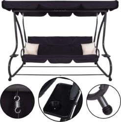 Springos Schommelbank | Linda-Schommel | 3-zits | Waterafstotend | Inclusief 2 Kussens | Verstelbare Luifel | 162 X 200 X 120 Cm | Zwart -Tuinmeubelen Winkel 1194x1200 2