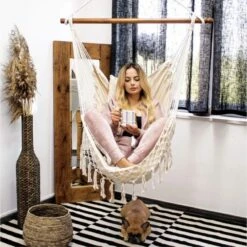 Springos Hangstoel | Binnen & Buiten | Met 2 Kussens | Boekenvak | Ook Voor Kinderen | Belastbaar Tot 150 Kg | Wit -Tuinmeubelen Winkel 1198x1200 2