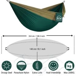 Kanyon Hangmat - Incl. Karabijnhaken En Riemen - Licht Parachutestof - 260 X 140 Cm - Tot 200kg - Groen/Khaki -Tuinmeubelen Winkel 1199x1200 4