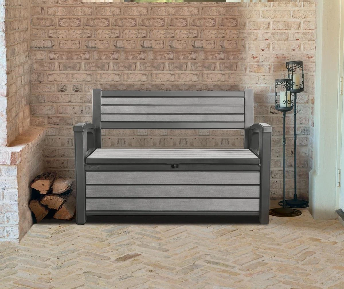 Keter - Hudson Bench Box - 2-zits Bank - Opbergbox - Hout Look & Feel - 227L - 138x63x89cm - Antraciet 4 Keter - Hudson Bench Box - 2-zits Bank - Opbergbox - Hout Look & Feel - 227L - 138x63x89cm - Antraciet - Afbeelding 2