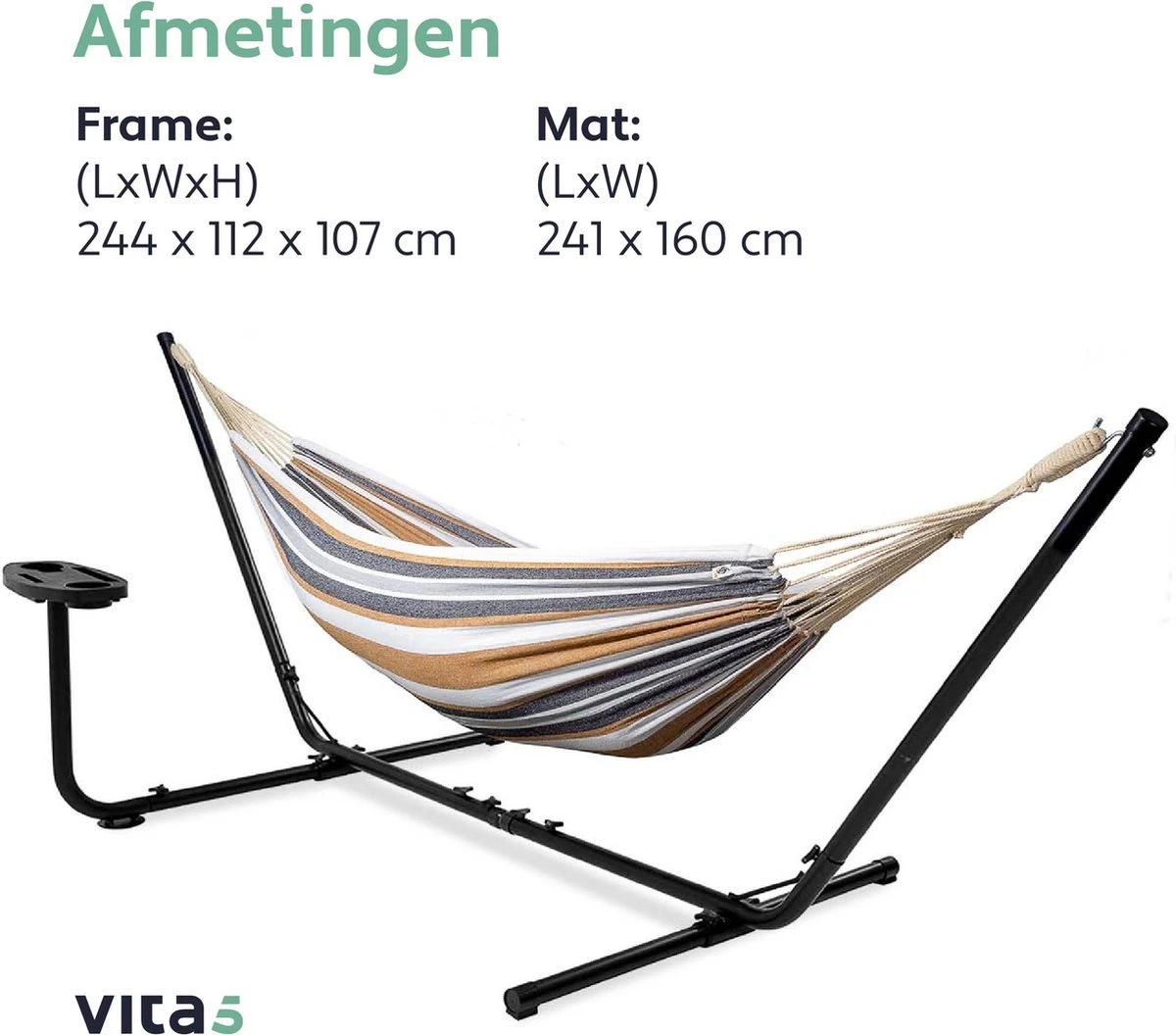 Vita5 Hangmat Met Standaard – 2 Persoons – Incl. Bekerhouder – 205kg Draaggewicht – Blauw/Wit/Bruin 10 Vita5 Hangmat Met Standaard – 2 Persoons – Incl. Bekerhouder – 205kg Draaggewicht – Blauw/Wit/Bruin - Afbeelding 8
