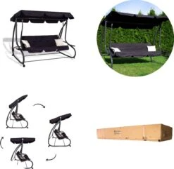 Springos Schommelbank | Linda-Schommel | 3-zits | Waterafstotend | Inclusief 2 Kussens | Verstelbare Luifel | 162 X 200 X 120 Cm | Zwart -Tuinmeubelen Winkel 1200x1171 1