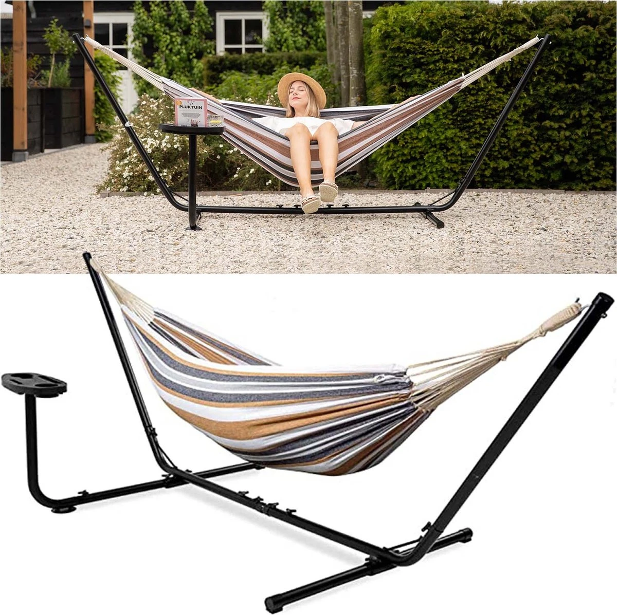 Vita5 Hangmat Met Standaard – 2 Persoons – Incl. Bekerhouder – 205kg Draaggewicht – Blauw/Wit/Bruin 3 Vita5 Hangmat Met Standaard – 2 Persoons – Incl. Bekerhouder – 205kg Draaggewicht – Blauw/Wit/Bruin