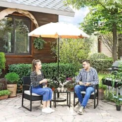 Songmics Tuinmeubelset, 3-delige Set, Van Polyrotan, Voor Outdoor, Terras, Balkon, Tuin, Eenvoudige Montage, Bijzettafel En 2 Stoelen, Zwart-beige -Tuinmeubelen Winkel 1200x1200 1082