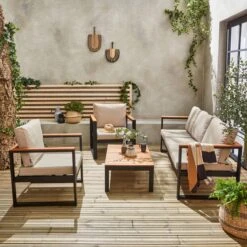 Loungeset 5 Plaatsen Van Aluminium En Eucalyptus – NAZCA – Antraciet Structuur, Lichtgrijs Kussens -Tuinmeubelen Winkel 1200x1200 1150