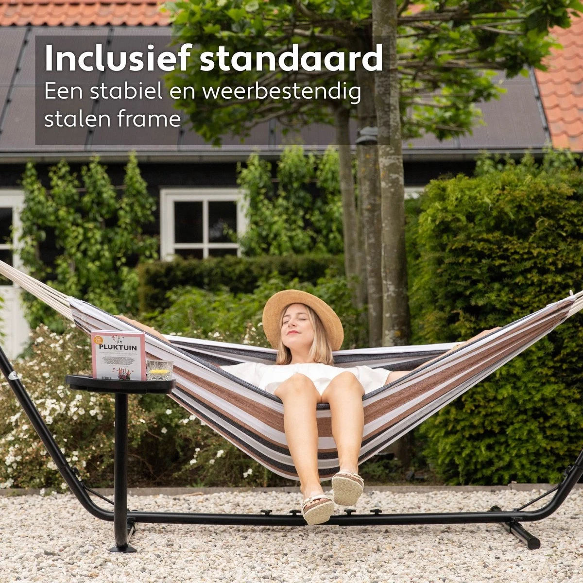 Vita5 Hangmat Met Standaard – 2 Persoons – Incl. Bekerhouder – 205kg Draaggewicht – Blauw/Wit/Bruin 5 Vita5 Hangmat Met Standaard – 2 Persoons – Incl. Bekerhouder – 205kg Draaggewicht – Blauw/Wit/Bruin - Afbeelding 3