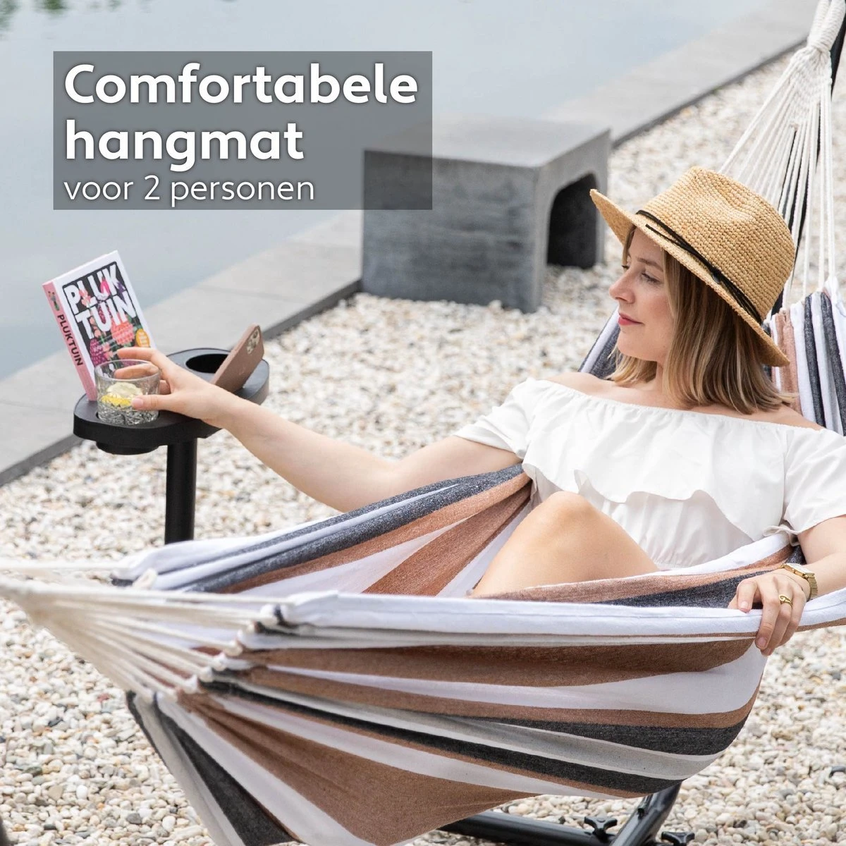 Vita5 Hangmat Met Standaard – 2 Persoons – Incl. Bekerhouder – 205kg Draaggewicht – Blauw/Wit/Bruin 6 Vita5 Hangmat Met Standaard – 2 Persoons – Incl. Bekerhouder – 205kg Draaggewicht – Blauw/Wit/Bruin - Afbeelding 4