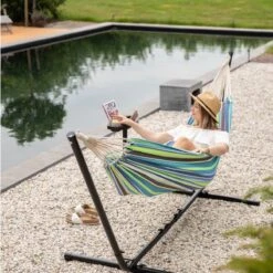 Vita5 Hangmat Met Standaard – 2 Persoons – Incl. Bekerhouder – 205kg Draaggewicht – Groen/Blauw -Tuinmeubelen Winkel 1200x1200 1322