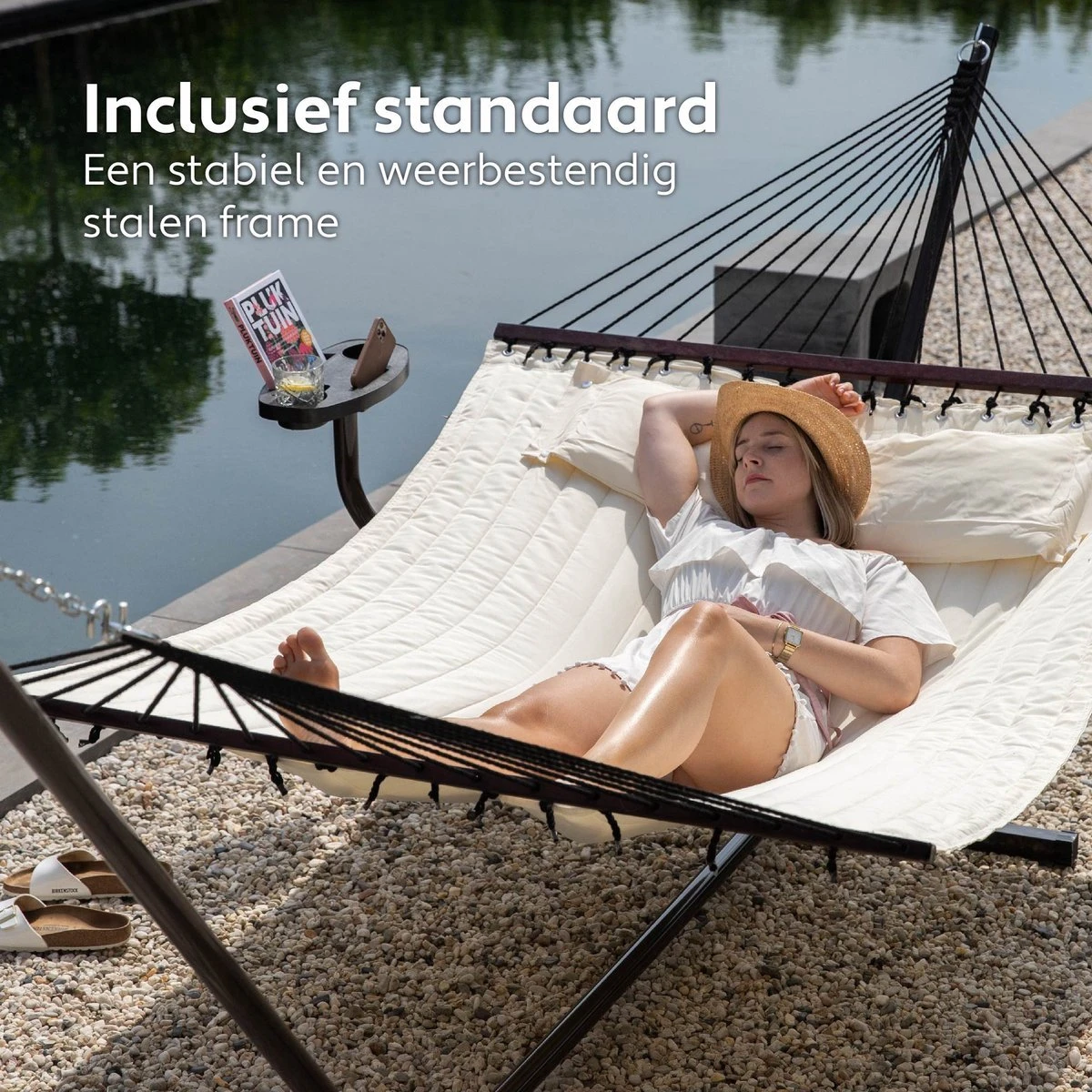 Vita5 Hangmat Met Standaard En Spreidstok – 2 Persoons – Incl. Bekerhouder - Afneembaar Kussen – Uv-bestendig – Beige 5 Vita5 Hangmat Met Standaard En Spreidstok – 2 Persoons – Incl. Bekerhouder - Afneembaar Kussen – Uv-bestendig – Beige - Afbeelding 3