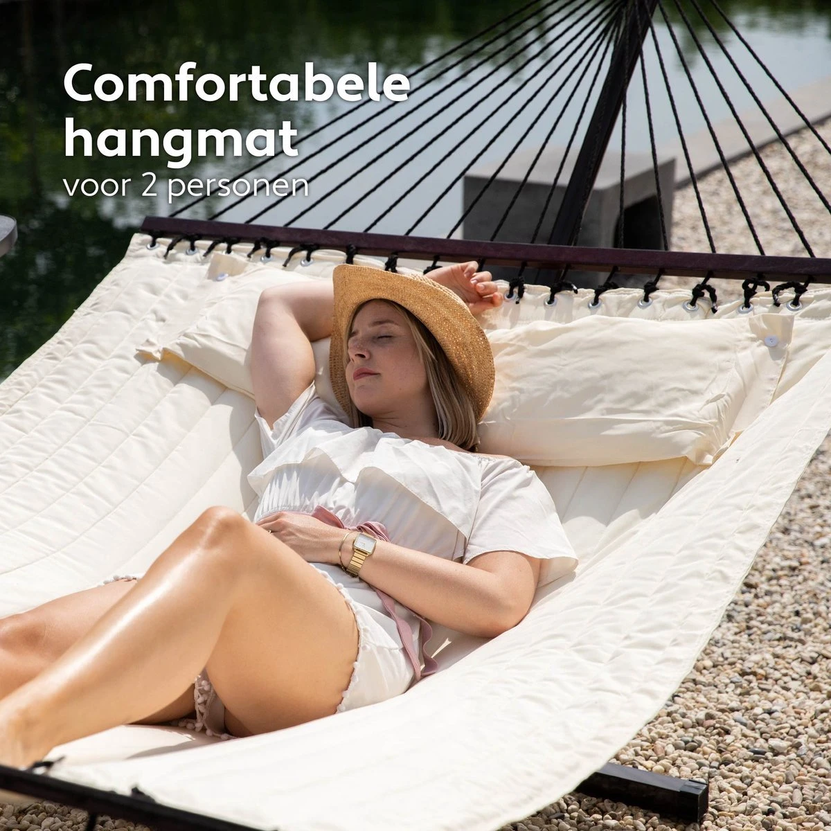 Vita5 Hangmat Met Standaard En Spreidstok – 2 Persoons – Incl. Bekerhouder - Afneembaar Kussen – Uv-bestendig – Beige 6 Vita5 Hangmat Met Standaard En Spreidstok – 2 Persoons – Incl. Bekerhouder - Afneembaar Kussen – Uv-bestendig – Beige - Afbeelding 4