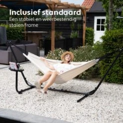 Vita5 Hangmat Met Standaard – 2 Persoons – Incl. Bekerhouder – 205kg Draaggewicht – Beige/Wit -Tuinmeubelen Winkel 1200x1200 1333