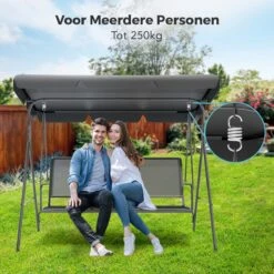 LifeGoods Schommelbank - 3-zits - Tot 250KG - Kantelbaar Dak - UV-bestendig Zonnescherm - 172x104x162cm - Grijs -Tuinmeubelen Winkel 1200x1200 182