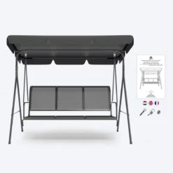 LifeGoods Schommelbank - 3-zits - Tot 250KG - Kantelbaar Dak - UV-bestendig Zonnescherm - 172x104x162cm - Grijs -Tuinmeubelen Winkel 1200x1200 184