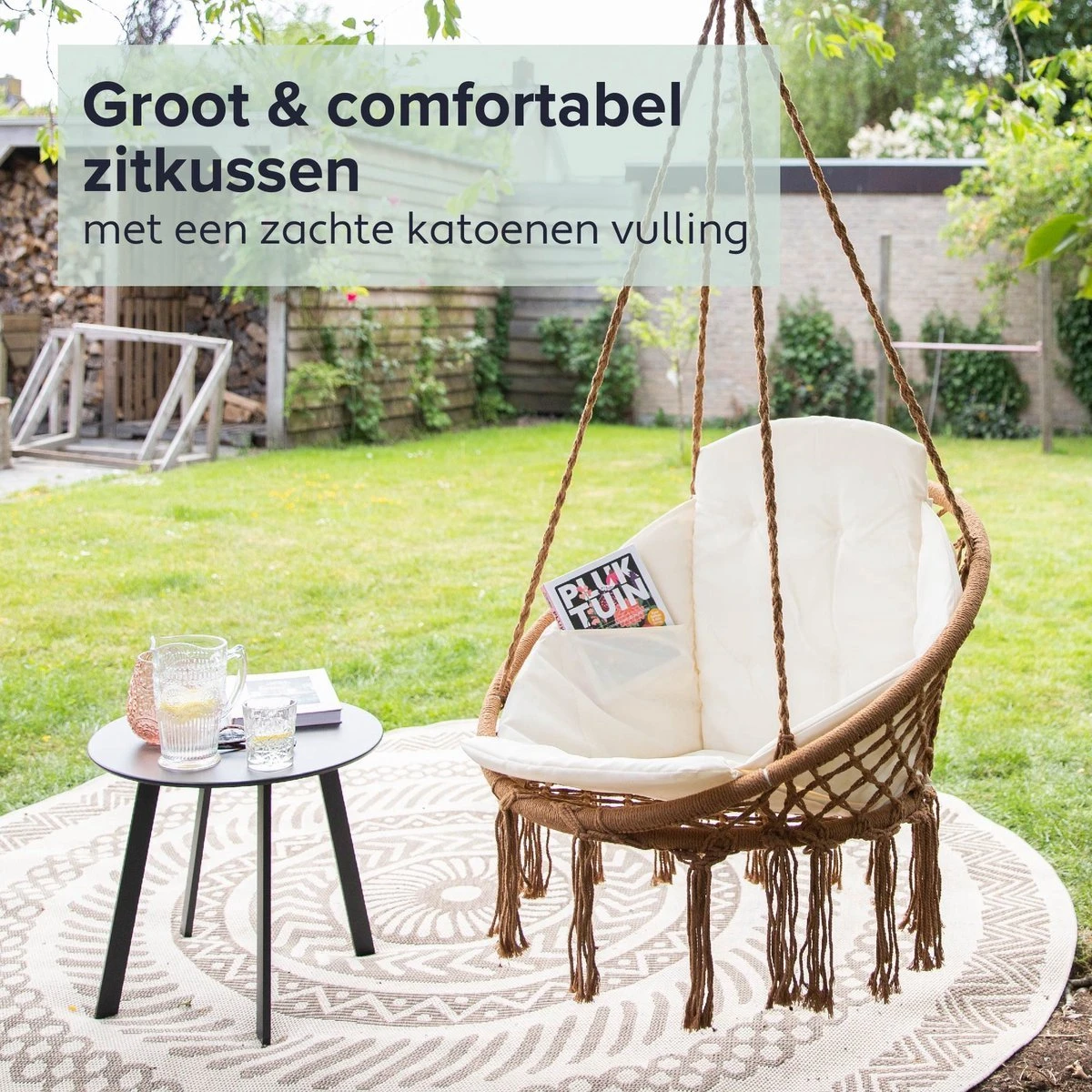 Vita5 Macramé Hangstoel - Voor Binnen En Buiten - Zonder Standaard - Incl. Kussen, Boekenvak En Beschermhoes - Tot 150kg - Bruin/Beige 8 Vita5 Macramé Hangstoel - Voor Binnen En Buiten - Zonder Standaard - Incl. Kussen, Boekenvak En Beschermhoes - Tot 150kg - Bruin/Beige - Afbeelding 6