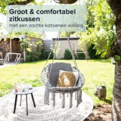Vita5 Macramé Hangstoel - Voor Binnen En Buiten - Zonder Standaard - Incl. Kussen, Boekenvak En Beschermhoes - Tot 150kg - Grijs -Tuinmeubelen Winkel 1200x1200 347