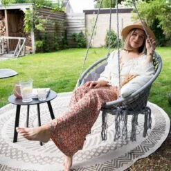 Vita5 Macramé Hangstoel - Voor Binnen En Buiten - Zonder Standaard - Incl. Kussen, Boekenvak En Beschermhoes - Tot 150kg - Grijs -Tuinmeubelen Winkel 1200x1200 348