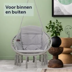 Vita5 Macramé Hangstoel - Voor Binnen En Buiten - Zonder Standaard - Incl. Kussen, Boekenvak En Beschermhoes - Tot 150kg - Grijs -Tuinmeubelen Winkel 1200x1200 349