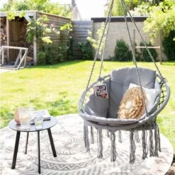 Vita5 Macramé Hangstoel - Voor Binnen En Buiten - Zonder Standaard - Incl. Kussen, Boekenvak En Beschermhoes - Tot 150kg - Grijs -Tuinmeubelen Winkel 1200x1200 350