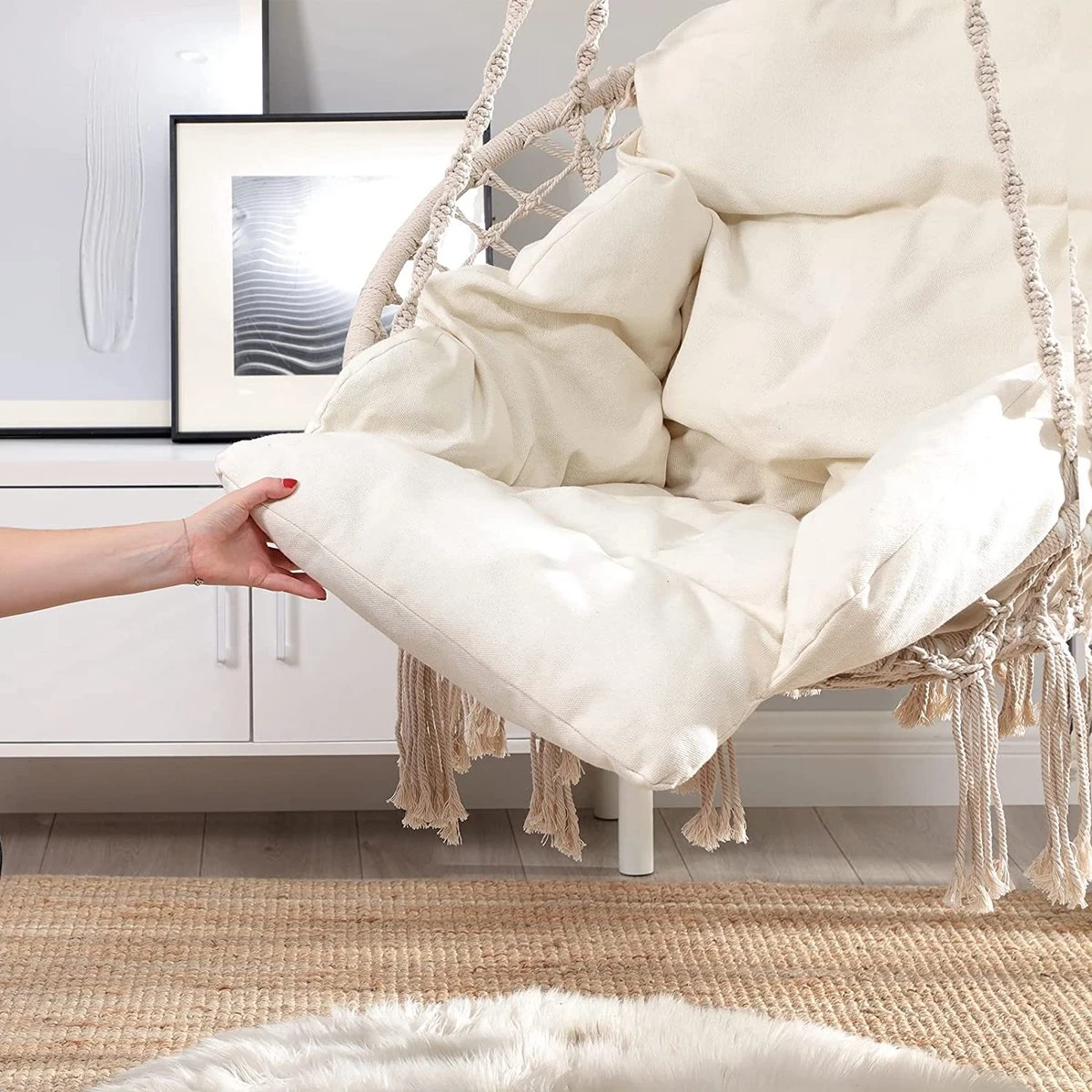 Hangstoel, Hangschommel, Hangstoel Met Een Dik Kussen, Tot 120 Kg Belastbaar, Voor Tuin, Balkon, Woonkamer, Terras, Scandinavische Stijl, Modern, Beige HMDC042M01 7 Hangstoel, Hangschommel, Hangstoel Met Een Dik Kussen, Tot 120 Kg Belastbaar, Voor Tuin, Balkon, Woonkamer, Terras, Scandinavische Stijl, Modern, Beige HMDC042M01 - Afbeelding 5