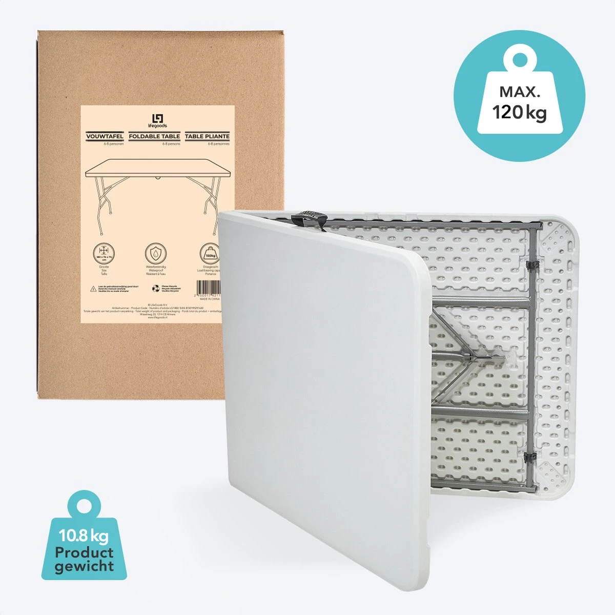LifeGoods Klaptafel - Inklapbaar - 70x180cm - Verstelbare Vouwtafel - Weerbestendig - Wit 6 LifeGoods Klaptafel - Inklapbaar - 70x180cm - Verstelbare Vouwtafel - Weerbestendig - Wit - Afbeelding 4