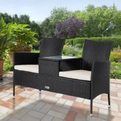 Casaria Polyrattan Tuinbank - Incl. Kussen - 143x55x88 Cm Zwart -Tuinmeubelen Winkel 1200x1200 95