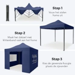 LifeGoods Partytent - 3x3 M - Zijwanden - Easy Up - Opvouwbaar - Waterdicht - Draagtas Met Wieltjes - Donkerblauw -Tuinmeubelen Winkel 1200x1200 960