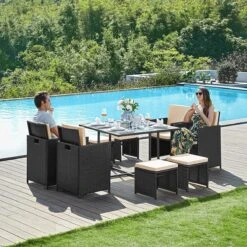 Tuinmeubelset - Tuinset 4 6 8 Persoons - Eettafel En Stoelen - Set Van 9 - Terras - Tuintafel - Salontafel Met Glazen Oppervlak - Zwart Beige -Tuinmeubelen Winkel 1200x1200 967