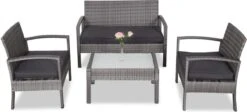 Casaria Polyrattan Loungeset – 2 Stoelen 1 Bank 1 Tafel - Antraciet