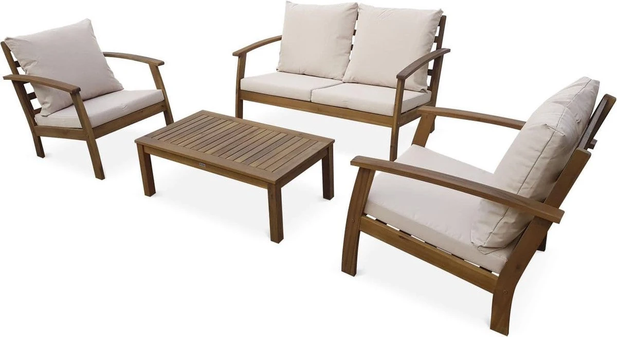 Houten Loungeset 4 Plaatsen - Ushuaïa -ecru Kussens, Bank, Fauteuils En Lage Tafel Van Acacia, Design 6 Houten Loungeset 4 Plaatsen - Ushuaïa -ecru Kussens, Bank, Fauteuils En Lage Tafel Van Acacia, Design - Afbeelding 4