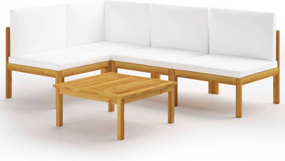Decoways - 5-delige Loungeset Met Kussens Massief Acaciahout Crèmekleurig 3 Decoways - 5-delige Loungeset Met Kussens Massief Acaciahout Crèmekleurig - Afbeelding 2